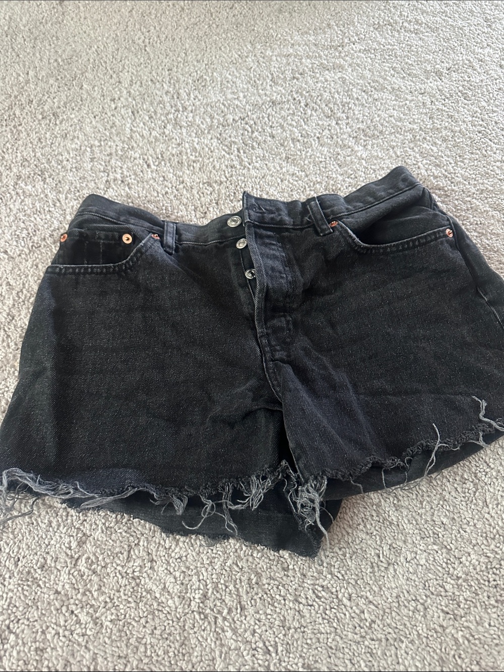 Mango Black Frayed Hem Button-Fly Denim Shorts